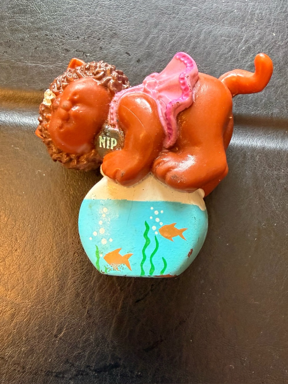 Vintage Brown cat. Cabbage patch Figurine with Pink and Blue Fishbowl